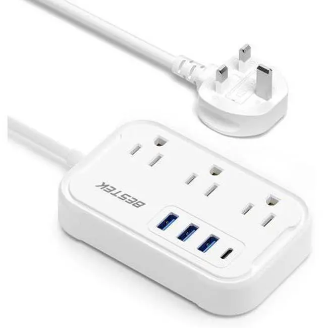 Main image of BESTEK US to UK Travel Plug Adapter: Type G Adapter with 3 AC Outlets and 4 USB (1 PD20W) - Power Strip for USA, UK, Ireland, Scotland, Hong Kong, British, London - 2.6ft