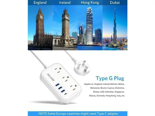 Alt view image 7 of 7 - BESTEK US to UK Travel Plug Adapter: Type G Adapter with 3 AC Outlets and 4 USB (1 PD20W) - Power Strip for USA, UK, Ireland, Scotland, Hong Kong, British, London - 2.6ft