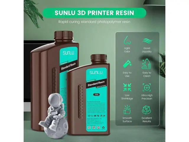 Alt view image 2 of 7 - SUNLU 3D Printer Resin, 1kg Fast Curing Standard 3D Resin for LCD DLP SLA Resin 3D Printers, 395-405nm UV Light Curing 3D Printing Liquid Photopolymer Resin, Low Shrinkage, High Precision, 1000g, Grey