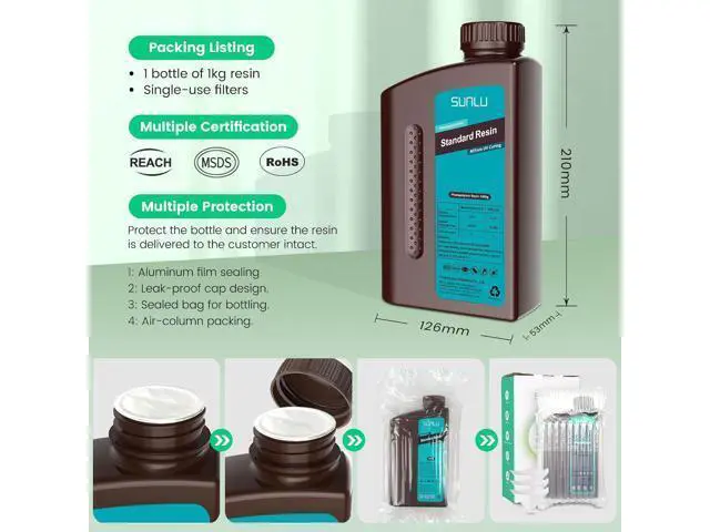 Alt view image 7 of 7 - SUNLU 3D Printer Resin, 1kg Fast Curing Standard 3D Resin for LCD DLP SLA Resin 3D Printers, 395-405nm UV Light Curing 3D Printing Liquid Photopolymer Resin, Low Shrinkage, High Precision, 1000g, Grey