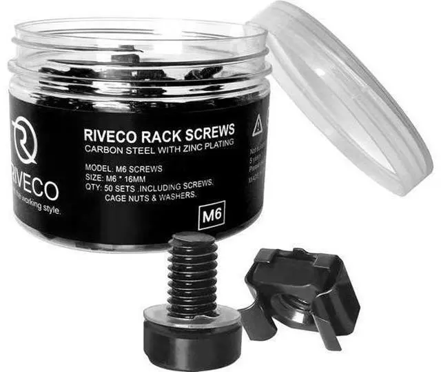 Main image of RIVECO Rack Screws & Cage Nuts for Server Cabinets & Racks Mounting Network Equipment Clip Nuts 50 Sets M6 x 16mm Black