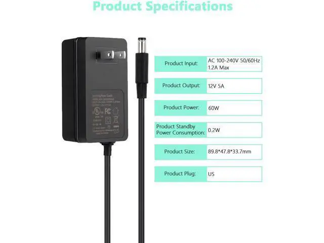 Alt view image 7 of 7 - 12V 5A DC Power Supply Adapter,UL Listed 12V 60W Power Supply with 5.5x2.1mm Plug&LED Plug,100V-240V 50-60Hz AC/DC Power Adapter 12 Volt 5Amp Power Supply for LED Strip Lights CCTV Camera