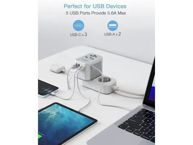 Alt view image 3 of 6 - TESSAN Universal Travel Adapter, International Power Adapter 5.6A 28W 3 USB C 2 USB A Ports, Travel Worldwide Plug Adaptor, Outlet Wall Charger for Europe UK EU AUS (Type C/G/A/I)
