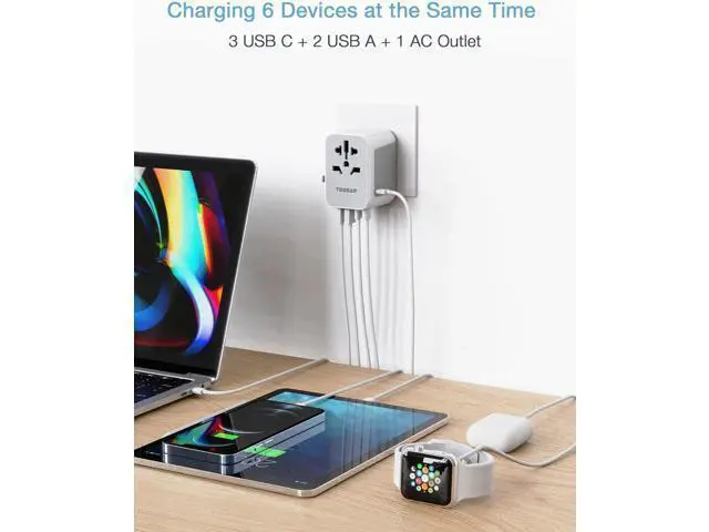 Alt view image 6 of 6 - TESSAN Universal Travel Adapter, International Power Adapter 5.6A 28W 3 USB C 2 USB A Ports, Travel Worldwide Plug Adaptor, Outlet Wall Charger for Europe UK EU AUS (Type C/G/A/I)