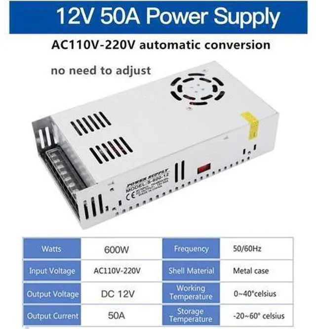 Alt view image 2 of 7 - DC 12V 50A 600W Power Supply Adapter Transformer Switch AC 110V / 220V to DC 12V 20amp Switching Converter LED Driver for LED Strip Light CCTV Camera Security System Radio,Computer Project,3D Printer