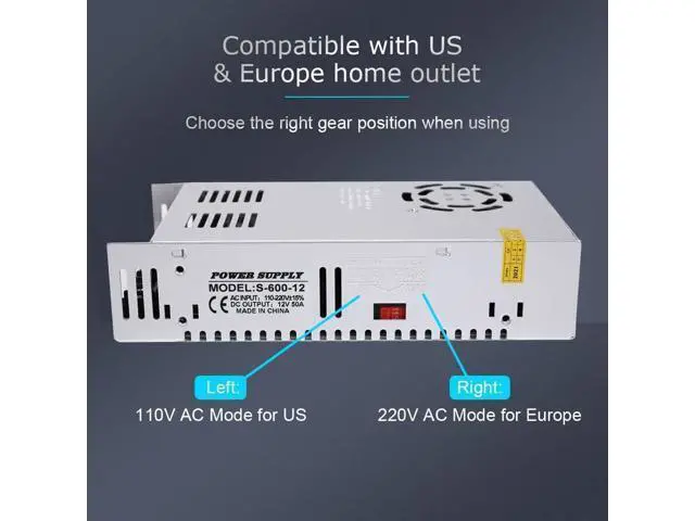 Alt view image 4 of 7 - DC 12V 50A 600W Power Supply Adapter Transformer Switch AC 110V / 220V to DC 12V 20amp Switching Converter LED Driver for LED Strip Light CCTV Camera Security System Radio,Computer Project,3D Printer