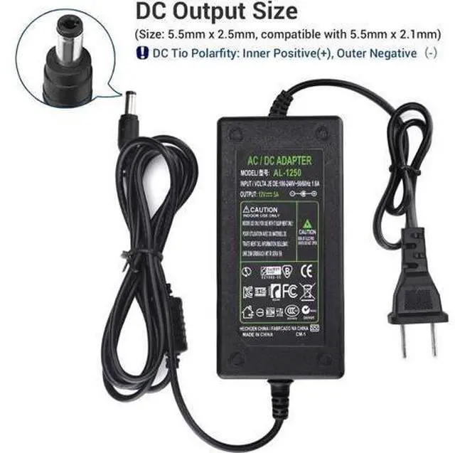 Alt view image 4 of 6 - DC 12V 5A Power Supply Adapter, US Plug, 4.6FT Power Cord, AC 100-240V to DC 12V 5A Switching Transformer Jack 5.5mm x 2.5mm for LED Strip, Light, Cameras CCTV