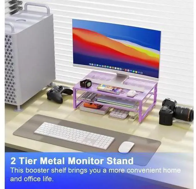 Alt view image 2 of 7 - gianotter 2-Tier Metal Monitor Stand Riser, Office Desk Storage Organizer for Computer Monitor, Laptop, Printer, Office Supplies (Purple)