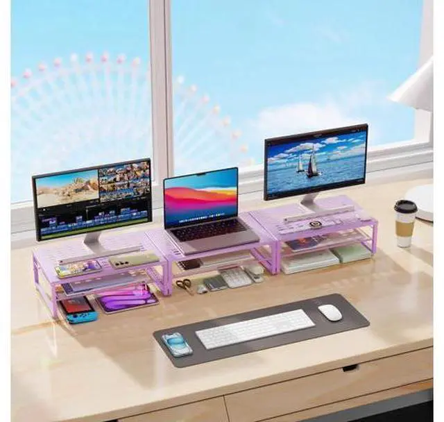Alt view image 5 of 7 - gianotter 2-Tier Metal Monitor Stand Riser, Office Desk Storage Organizer for Computer Monitor, Laptop, Printer, Office Supplies (Purple)