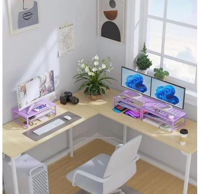 Alt view image 6 of 7 - gianotter 2-Tier Metal Monitor Stand Riser, Office Desk Storage Organizer for Computer Monitor, Laptop, Printer, Office Supplies (Purple)