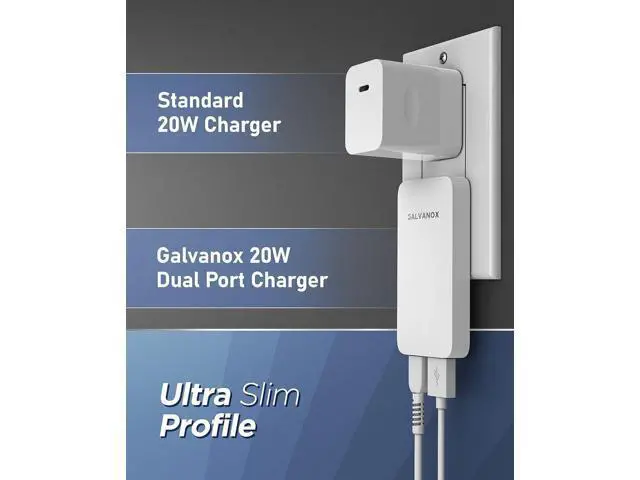 Alt view image 2 of 6 - Type C Flat Wall Charger, Galvanox Ultra Slim (Multi-Port Power Adapter) for iPhone 11/12/13/14 iPhone 15 Pro/Max and Samsung Galaxy Models, 20W Fast Charging Outlet Plug (Dual USB-C USB-A)