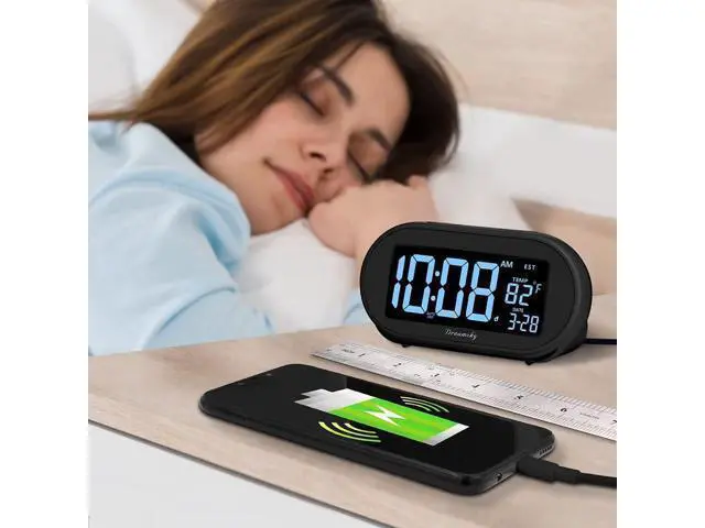 Alt view image 3 of 7 - DreamSky Auto Set Alarm Clock for Bedroom, Digital Desk Clock with 0-100% Dimmable Brightness Dimmer, Auto DST, Date, Temperature, USB Ports, Snooze, Electric Bedside Clock Nightstand