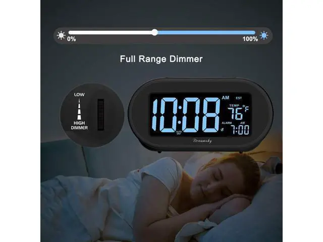 Alt view image 4 of 7 - DreamSky Auto Set Alarm Clock for Bedroom, Digital Desk Clock with 0-100% Dimmable Brightness Dimmer, Auto DST, Date, Temperature, USB Ports, Snooze, Electric Bedside Clock Nightstand