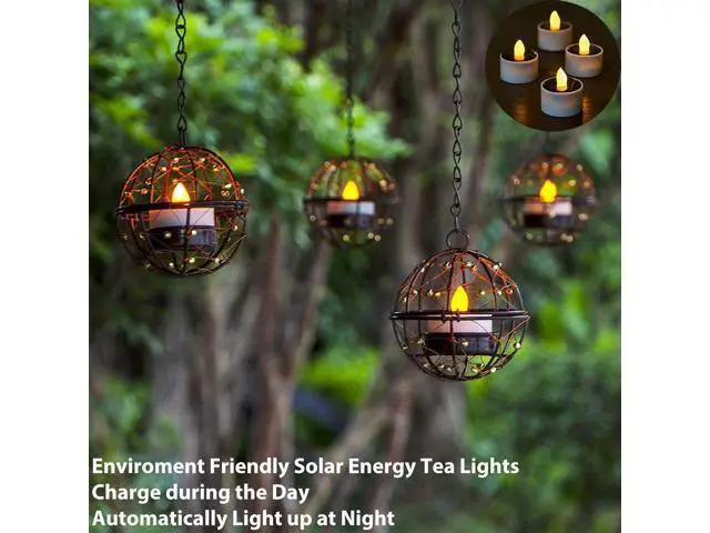 Alt view image 5 of 7 - Outdoor Solar Hanging Lanterns Waterproof, Globe Hanging Candle Holder with Flickering Solar Powered Tea Lights, Chargeable Chandelier Light for Backyard Patio Garden Fence Tree Decoration-4Pack