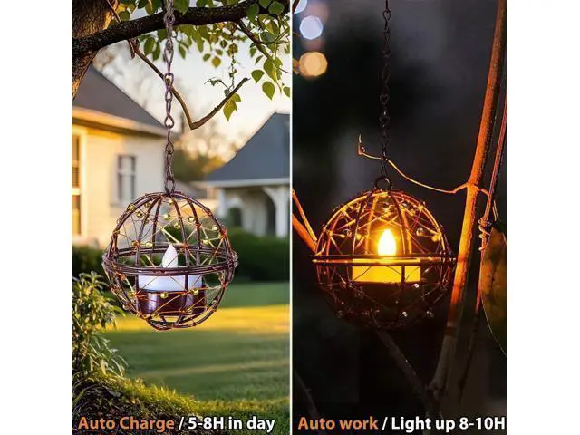 Alt view image 6 of 7 - Outdoor Solar Hanging Lanterns Waterproof, Globe Hanging Candle Holder with Flickering Solar Powered Tea Lights, Chargeable Chandelier Light for Backyard Patio Garden Fence Tree Decoration-4Pack