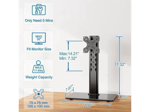 Alt view image 5 of 7 - Single Monitor Stand Fits Max 32 inch Computer Screen, Free-Standing Monitor Desk Stand Hold up to 17.6lbs, Monitor Mount with Height Adjustment, Swivel, Tilt, Rotation, VESA Mount 75/100mm