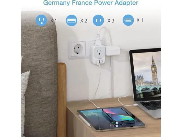 Alt view image 2 of 6 - TESSAN Type E F Plug Adapter, Germany France Power Adapter with 3 USB Ports(1 USB C), 4 AC Outlets Travel Adaptor for US to Europe EU Spain Iceland Korea Greece Russia German French