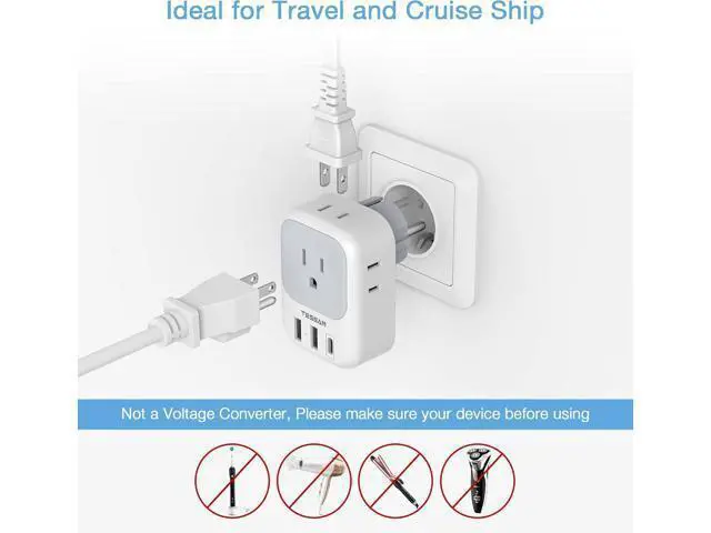 Alt view image 6 of 6 - TESSAN Type E F Plug Adapter, Germany France Power Adapter with 3 USB Ports(1 USB C), 4 AC Outlets Travel Adaptor for US to Europe EU Spain Iceland Korea Greece Russia German French