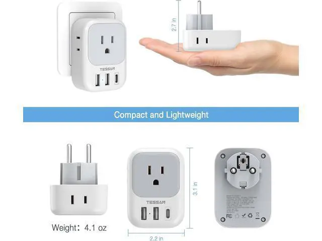 Alt view image 5 of 6 - TESSAN Type E F Plug Adapter, Germany France Power Adapter with 3 USB Ports(1 USB C), 4 AC Outlets Travel Adaptor for US to Europe EU Spain Iceland Korea Greece Russia German French