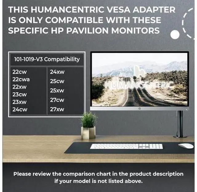 Alt view image 2 of 7 - HumanCentric VESA Mount Adapter Compatible with HP Pavilion 27xw, 25xw, 24xw, 23xw, 22xw, 22cwa, 27cw, 25cw, 24cw, 23cw, and 22cw Monitors, Works with 75x75 and 100x100mm Patterns Hardware Included