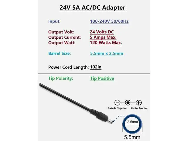 Alt view image 2 of 6 - 24V 5A AC DC Power Supply Adapter, 120W AC Adapter, 100-240V 50-60Hz AC to DC 24 Volt 5 Amp Power Cord, 5.5mm x 2.5mm Barrel Plug, 24VDC Power Supply Transformer