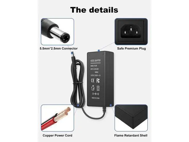 Alt view image 3 of 6 - 24V 5A AC DC Power Supply Adapter, 120W AC Adapter, 100-240V 50-60Hz AC to DC 24 Volt 5 Amp Power Cord, 5.5mm x 2.5mm Barrel Plug, 24VDC Power Supply Transformer