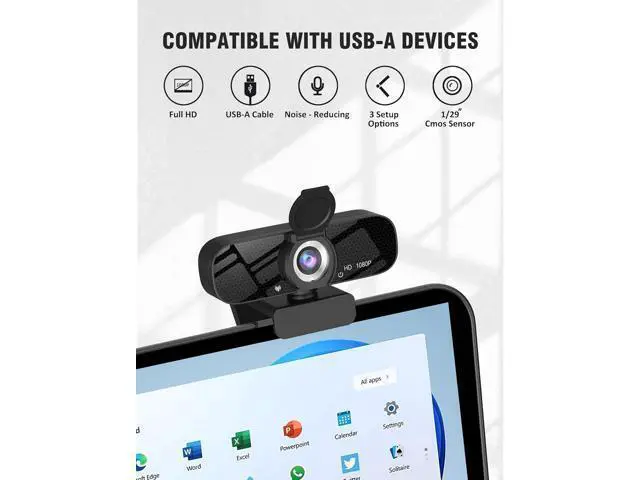 Alt view image 4 of 6 - Full HD Webcam with Built-in Microphone and Rotatable Tripod, 1080P Video and Wide Angle Camera, Privacy Cover, for Desktop PC or Laptop Computer