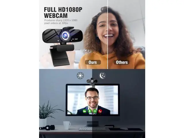 Alt view image 2 of 6 - Full HD Webcam with Built-in Microphone and Rotatable Tripod, 1080P Video and Wide Angle Camera, Privacy Cover, for Desktop PC or Laptop Computer