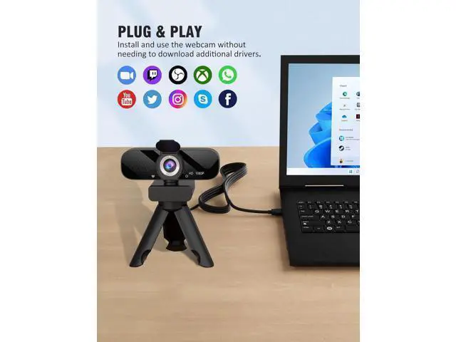 Alt view image 6 of 6 - Full HD Webcam with Built-in Microphone and Rotatable Tripod, 1080P Video and Wide Angle Camera, Privacy Cover, for Desktop PC or Laptop Computer
