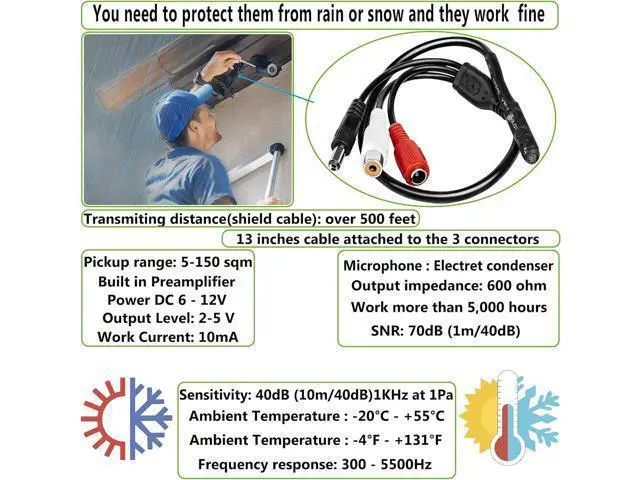 Alt view image 4 of 7 - Outdoor Indor CCTV Microphone Security Tiny Surveillance RCA Audio for DVR with High Sensitive Preamp Amplified Device, Mic for External Camera Sound (3Pack)