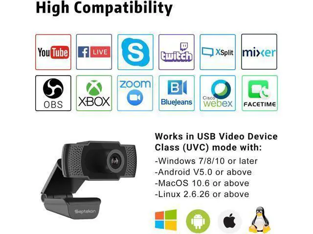 Alt view image 5 of 7 - Septekon 1080P HD Webcam with Microphone, Streaming Computer Web Camera for Laptop/Desktop/Mac/TV, USB PC Cam for Video Calling, Conferencing, Gaming