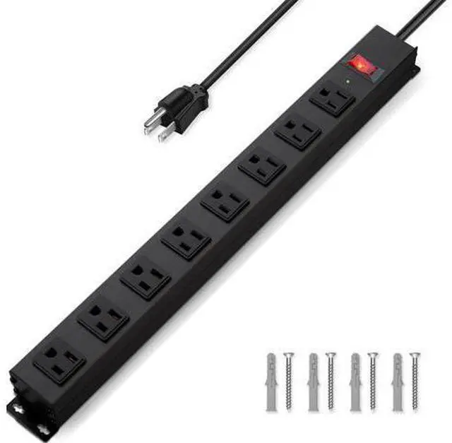 Main image of 8 Outlet Power Strip Surge Protector, 6 Feet Metal Power Strip Heavy Duty with Switch for Home Office School Shop Garage, Wall Mount with Screw, 2100J 15A 125V 1875W, 14AWG, SGS Listed, Black