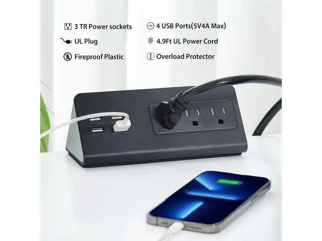 Alt view image 2 of 7 - Desk Edge Mount Power Strips with USB Ports-UL Plug Outlets 1250 Joulets Surge Protector Tabletop Power Sockets for Nightstand/Home Office/Dormitory 4 USB Ports & 3AC Outlets
