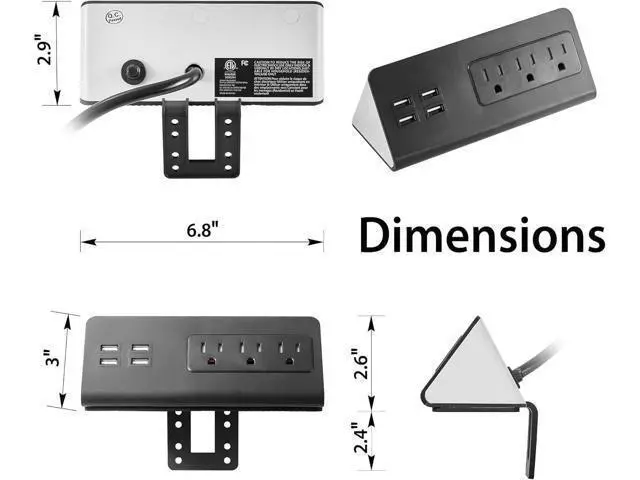 Alt view image 7 of 7 - Desk Edge Mount Power Strips with USB Ports-UL Plug Outlets 1250 Joulets Surge Protector Tabletop Power Sockets for Nightstand/Home Office/Dormitory 4 USB Ports & 3AC Outlets