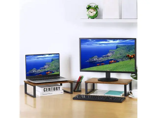 Alt view image 3 of 7 - Monitor Stand Riser 2 Pack Laptop Stand Riser Holder Wood Computer Stands Vintage Tabletop Storage Organizer Shelf for Notebook PC Printer Lift Stands TV Risers Wooden Desk Organizers Brown