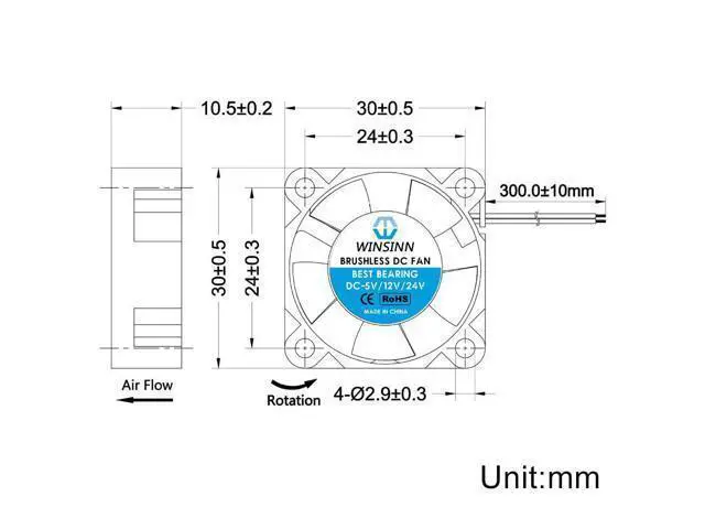 Alt view image 2 of 5 - WINSINN 30mm Fan 12V, 3D Printer Micro 12 Volt Fans 3010 Dual Ball Bearing, Brushless Cooling 30mmx10mm 2PIN (Pack of 5Pcs)