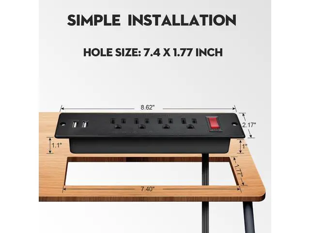 Alt view image 2 of 4 - Mountable Power Strip Recessed Power Strip with USB 4 Outlet 2 USB Multiple Protection Built in Conference Desk Counter Workbench for PC Home Electric Appliance ETL Listed(Black)