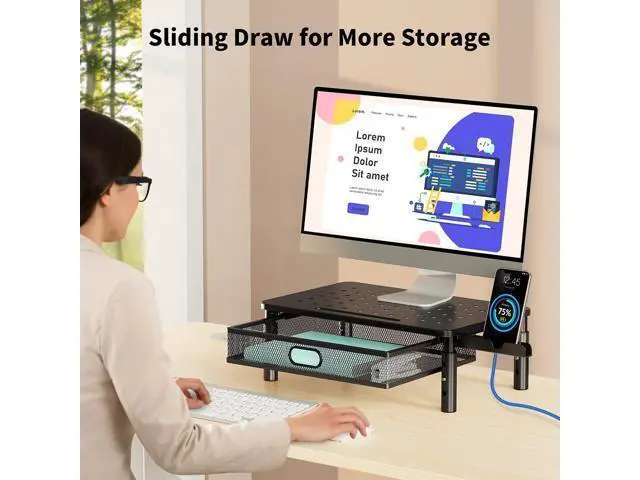 Alt view image 5 of 7 - Zimilar Monitor Stand Riser with Metal Mesh Drawer, Height Adjustable with Phone Holder for Computer, Laptop, Printer, Notebook, Computer Monitor Stand with Storage