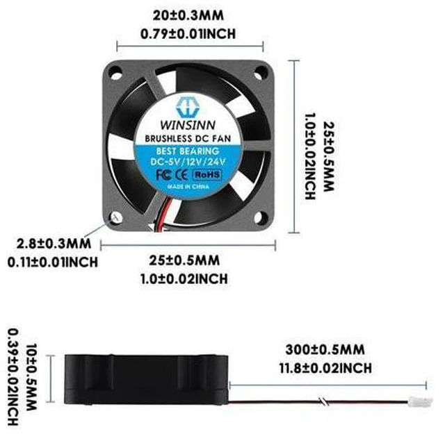 Alt view image 2 of 5 - WINSINN 25mm Fan 12V, 3D Printer Micro 12 Volt Fans 2510 Dual Ball Bearing, Brushless Cooling 25mmx10mm 2PIN (Pack of 2Pcs)