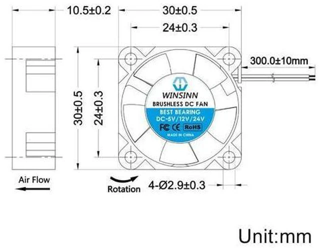 Alt view image 2 of 5 - WINSINN 30mm Fan 5V, 3D Printer Micro 5 Volt Fans 3010 Dual Ball Bearing, Brushless Cooling 30mmx10mm 2PIN (Pack of 2Pcs)