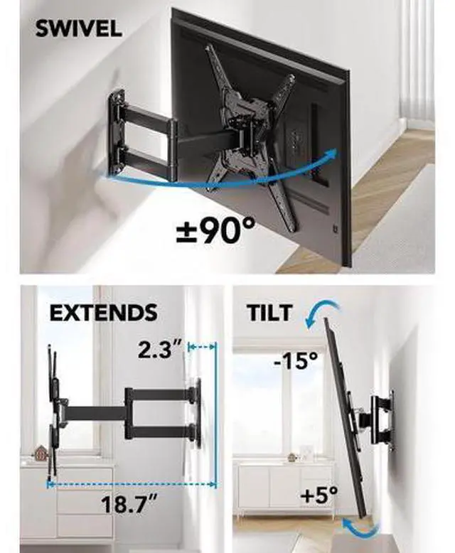 Alt view image 5 of 7 - Pipishell Full Motion TV Wall Mount for Most 26-60 inch TVs, 55 inch Compatible, with Swivel, Tilt, Extension, Single Stud Articulating TV Mount Bracket, Holds up to 77 lbs, Max VESA 400x400mm, PIMF11
