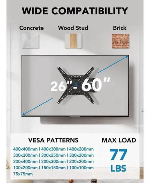 Alt view image 6 of 7 - Pipishell Full Motion TV Wall Mount for Most 26-60 inch TVs, 55 inch Compatible, with Swivel, Tilt, Extension, Single Stud Articulating TV Mount Bracket, Holds up to 77 lbs, Max VESA 400x400mm, PIMF11