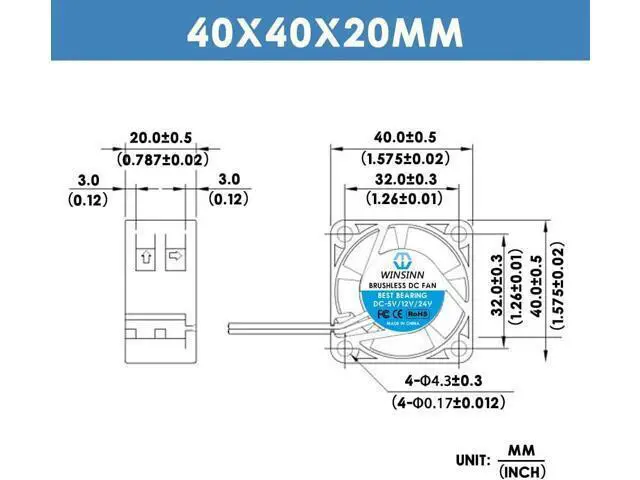 Alt view image 2 of 5 - WINSINN 40mm Fan 12V, 3D Printer Micro 12 Volt Fans 4020 Hydraulic Bearing, Brushless Cooling 40mmx20mm 2PIN (Pack of 4Pcs)