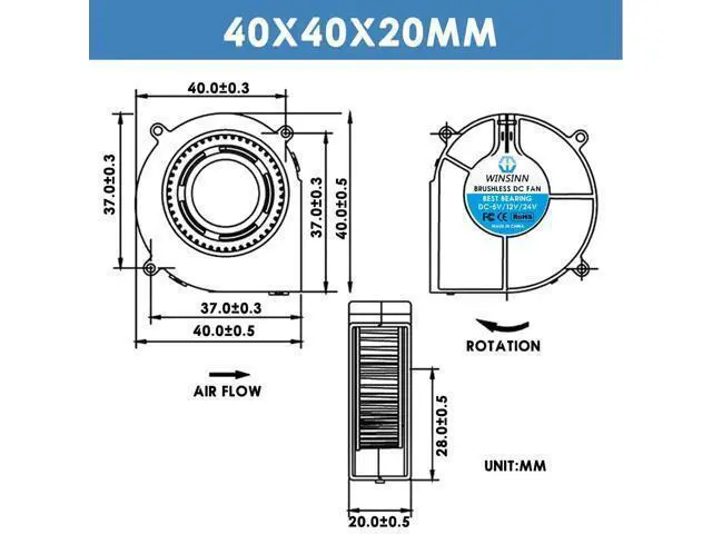 Alt view image 2 of 4 - WINSINN 40mm Blower Fan 24V, 3D Printer Micro 24 Volt Fans Blower 4020 Dual Ball Bearing, Brushless Cooling 40mmx20mm 2PIN (Pack of 2Pcs)