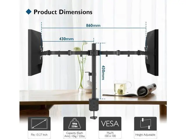 Alt view image 5 of 7 - BONTEC Dual Monitor Desk Mount, Monitor Stand for 1327 Inch LCD LED 2 Monitors, Ergonomic Full Motion Heavy Duty Double Arms Hold up to 22 lbs, VESA 75x75/100x100 mm