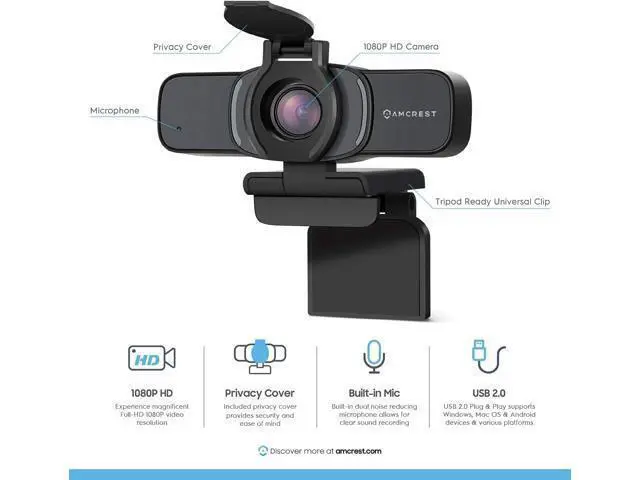 Alt view image 2 of 7 - Amcrest 1080P Webcam with Microphone & Privacy Cover, Web Cam USB Camera, Computer HD Streaming Webcam for PC Desktop & Laptop w/Mic, Wide Angle Lens & Large Sensor for Superior Low Light (AWC201-B)