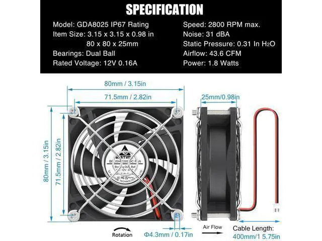 Alt view image 6 of 7 - GDSTIME 80mm x 25mm 12V DC Waterproof IP67 Fan Dual Ball Bearing Small Brushless Cooling Fans 2-Pin for RV Fridge Micro Greenhouse AV Cabinets Ventilation