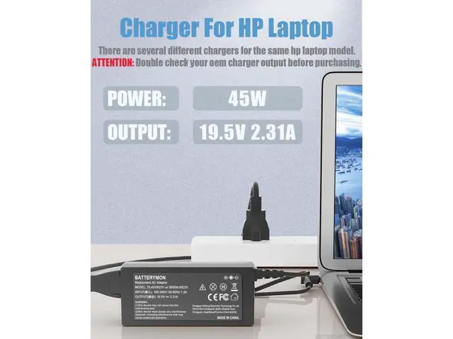 Alt view image 2 of 6 - 45W 19.5V 2.31A Laptop Power Adapter Charger for HP 741727-001 721092-001 719309-001 HSTNN-DA40 ADP-45WD B, Pavilion TouchSmart 11 13 15 Series Notebook Stream 14 13 11 Envy X360 Blue Tip Cord