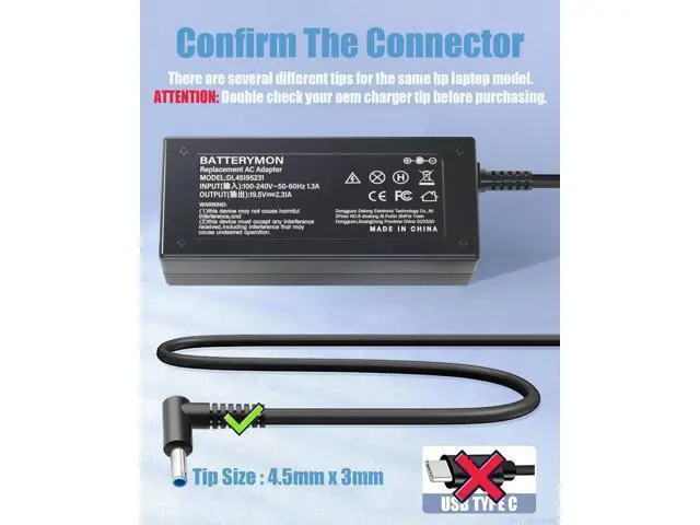 Alt view image 3 of 6 - 45W 19.5V 2.31A Laptop Power Adapter Charger for HP 741727-001 721092-001 719309-001 HSTNN-DA40 ADP-45WD B, Pavilion TouchSmart 11 13 15 Series Notebook Stream 14 13 11 Envy X360 Blue Tip Cord