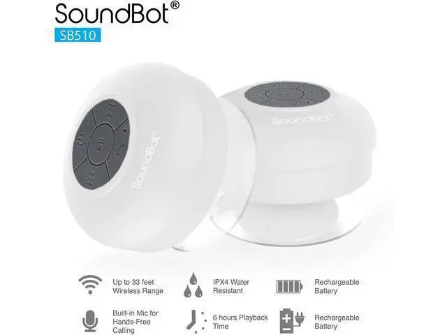 Alt view image 2 of 7 - Soundbot SB510 HD Water Resistant Bluetooth Shower Speaker, Handsfree Portable Speakerphone with Built-in Mic, 6hrs of Playtime, Control Buttons and Dedicated Suction Cup for Showers (White)